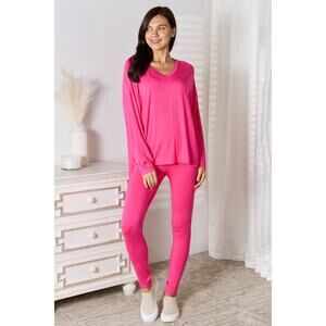 BASIC BAE Hot Pink V-Neck Soft Rayon Long Sleeve Top Pants Lounge Set NEW MIsses